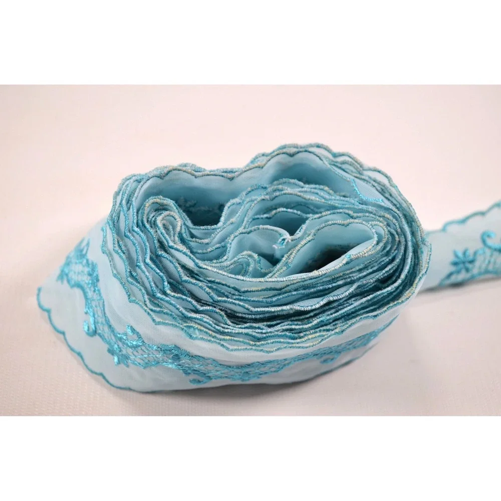 Vintage Blue Embroidered Tulle Trim Lace Embroidered Scalloped Edge 6.75 yards